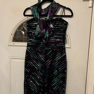 Cache Strapless Dress with Black, Purple, and Green Stripes - P2P:15, W 14, L22